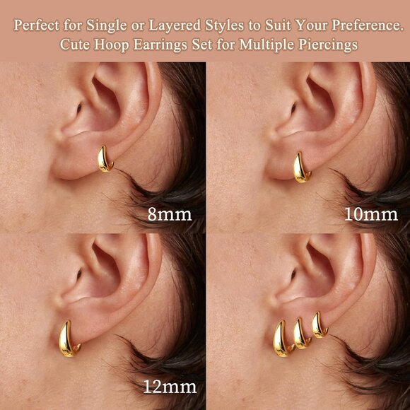 Small Gold Chunky Hoop Earrings Set for Women, Hypoallergenic 14K Gold Plated, L - Picture 3 of 8